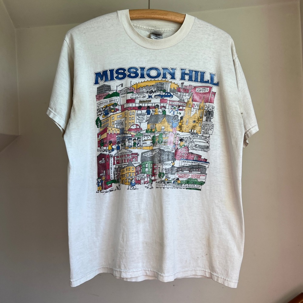 Vintage Mission Hill Boston T Shirt L White Graphic Map 90s America's Best Inc